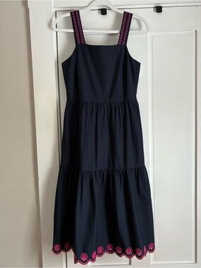J. Crew NWT Dress - midi tiered navy with pink embroidery- size 0